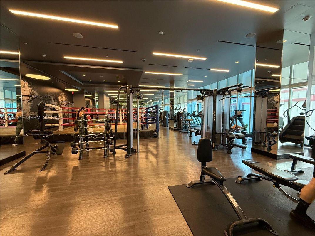 Fitness Equipment, Gym, Interior, Recessed Lighting, Wood Texture Flooring