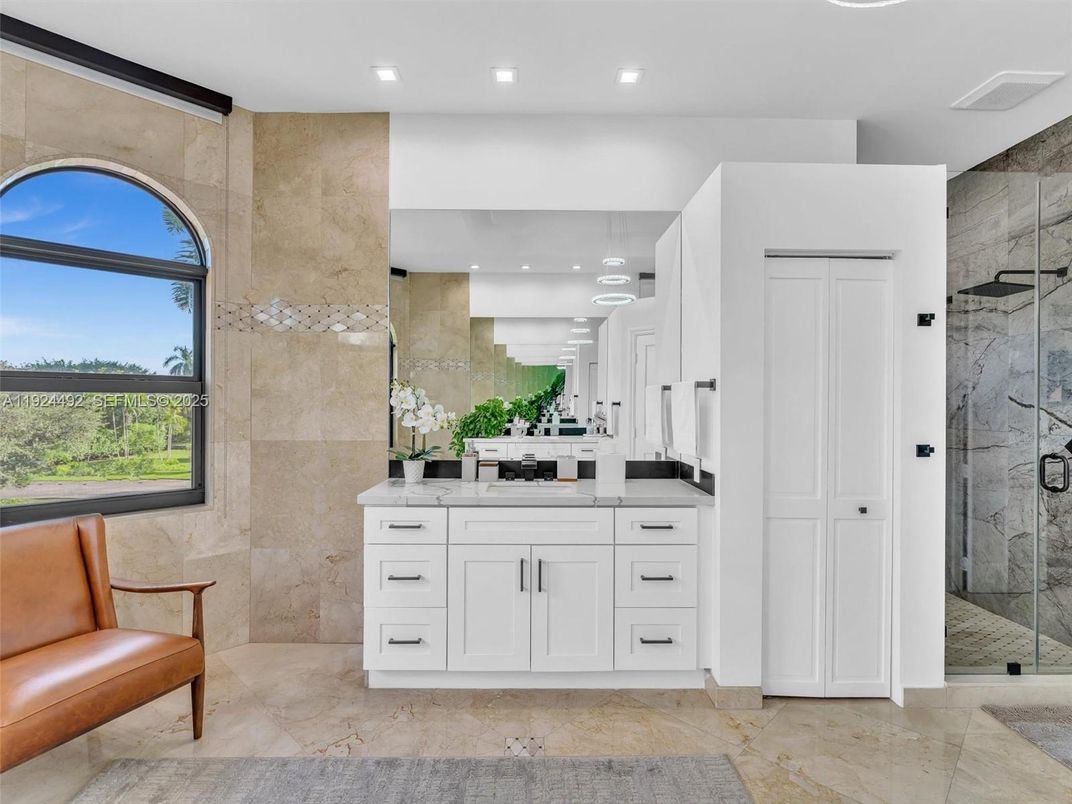 Bathroom, Glass Shower, Interior, Marble Walls, Recessed Lighting
