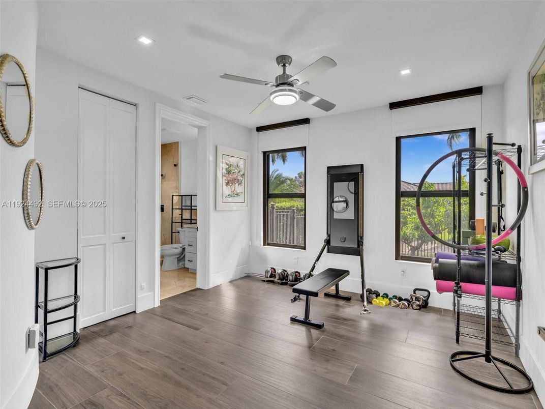 Bathroom, Fitness Equipment, Interior, Recessed Lighting, Wood Texture Flooring