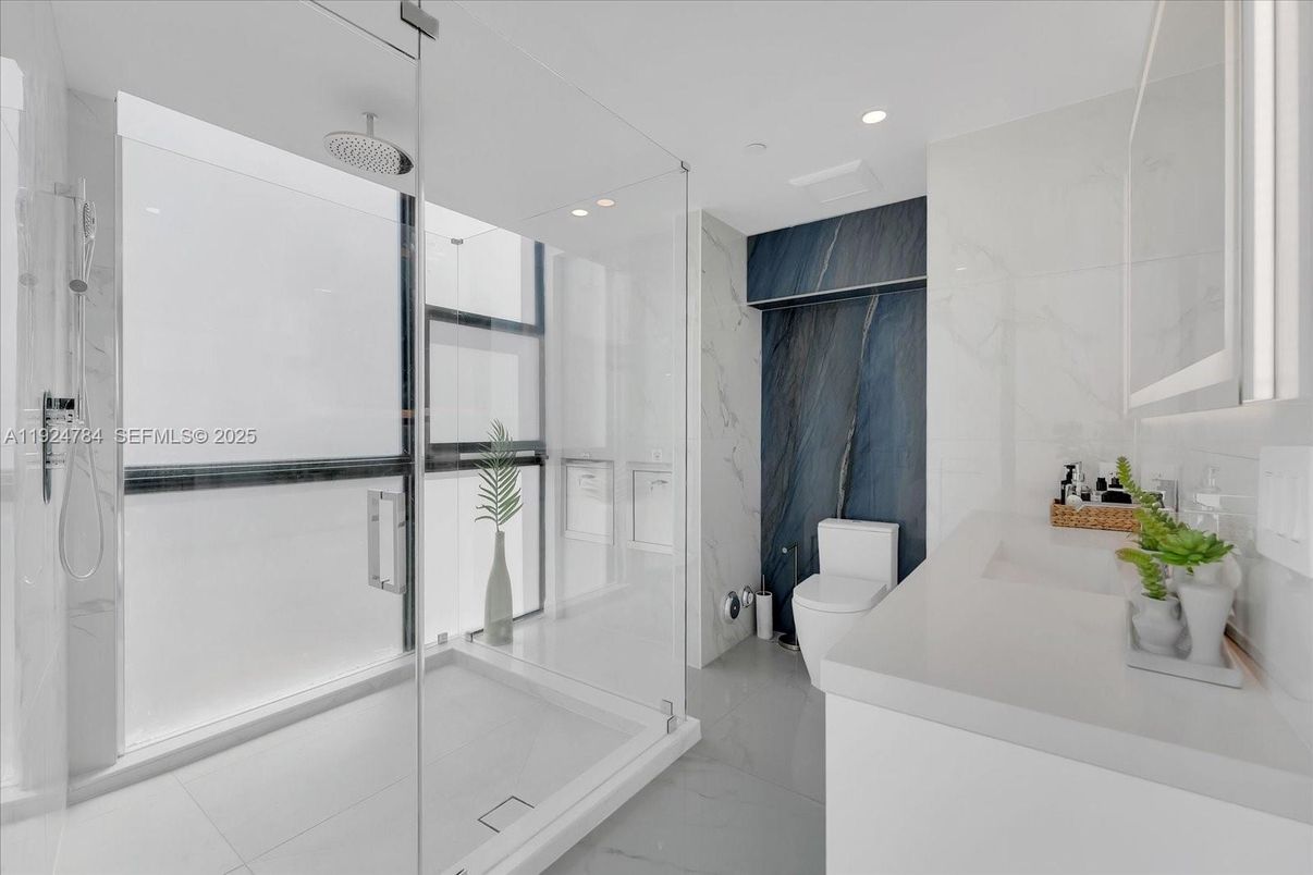 Bathroom, Glass Shower, Interior, Marble, Marble Walls, Recessed Lighting