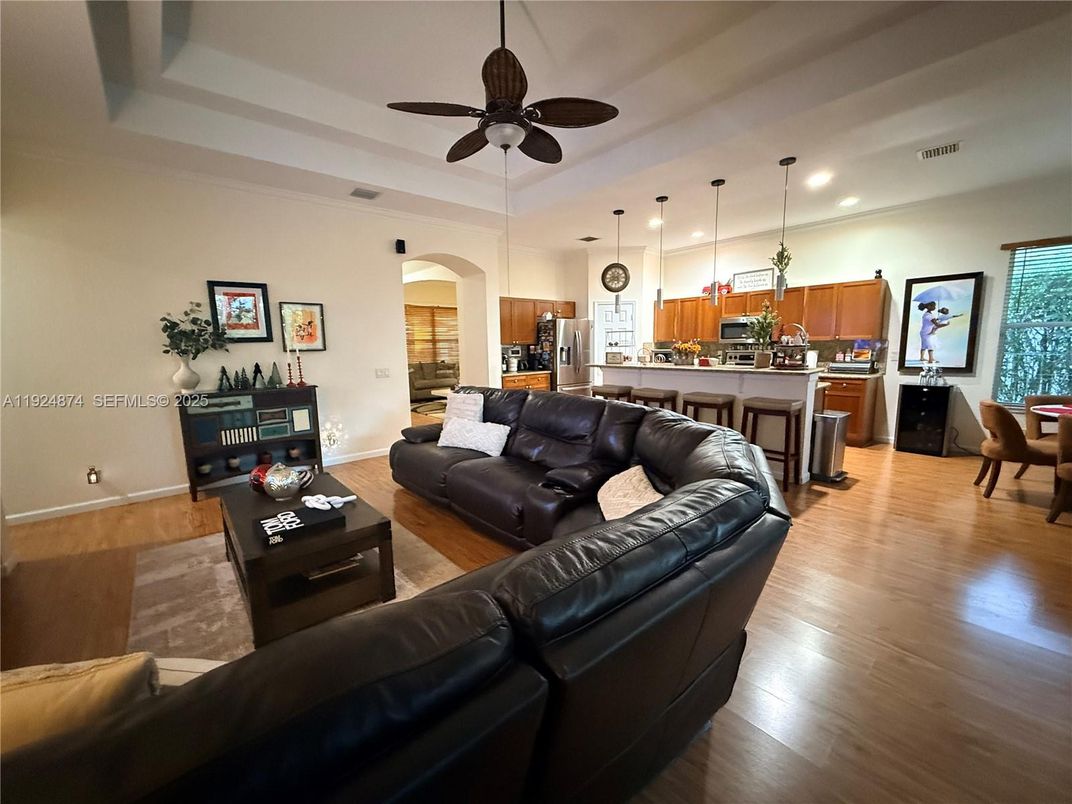 Interior, Kitchen, Living room, Pendant Lights, Recessed Lighting, Stainless Steel Appliances, Wood Texture Flooring