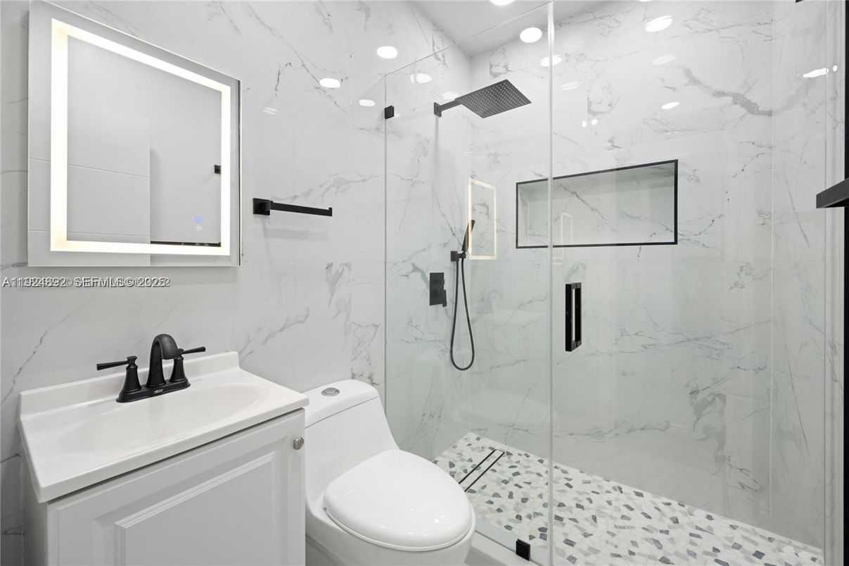 Bathroom, Glass Shower, Interior, Marble Walls, Recessed Lighting