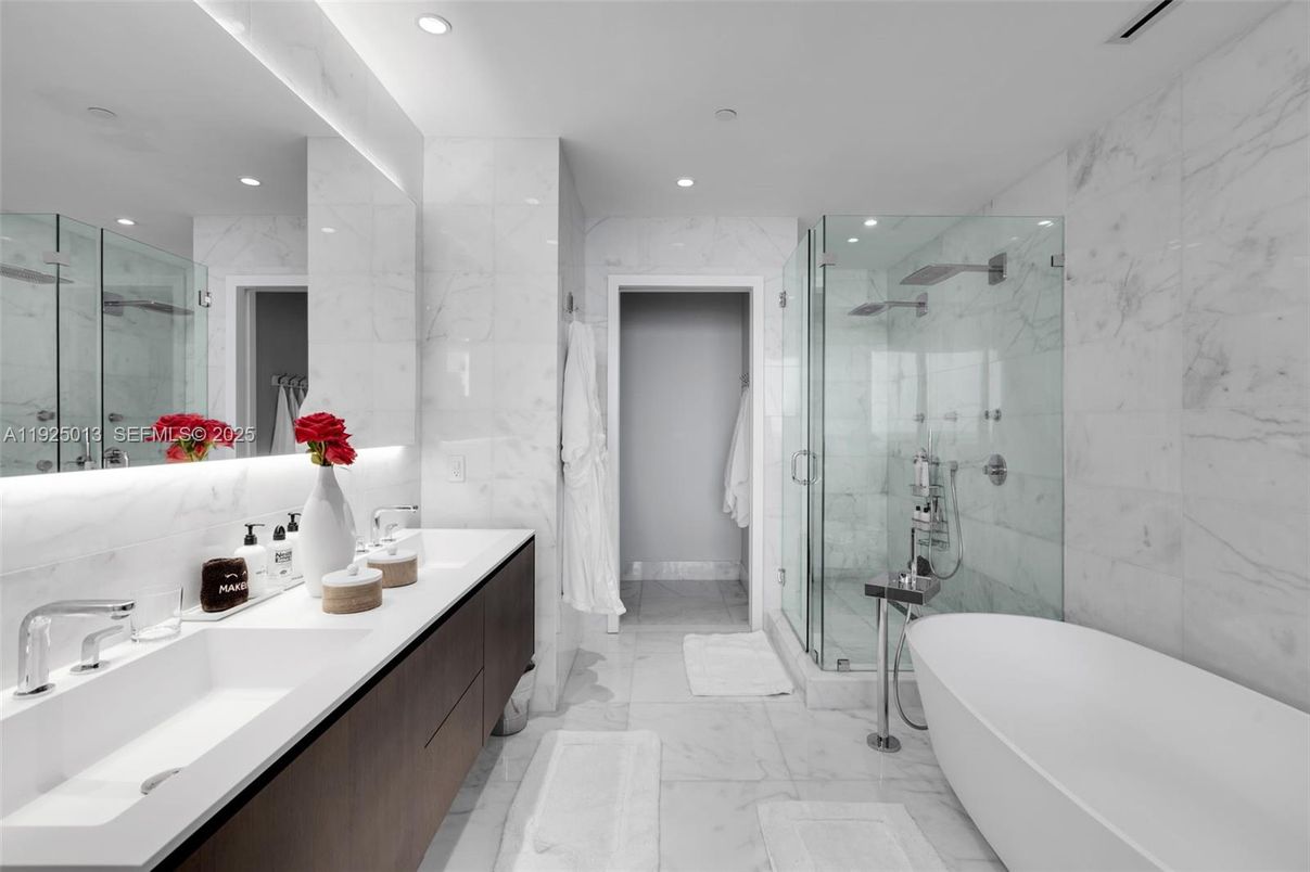Bathroom, Dual Sink Vanities, Free Standing Baths, Glass Shower, Interior, Marble, Marble Walls, Recessed Lighting