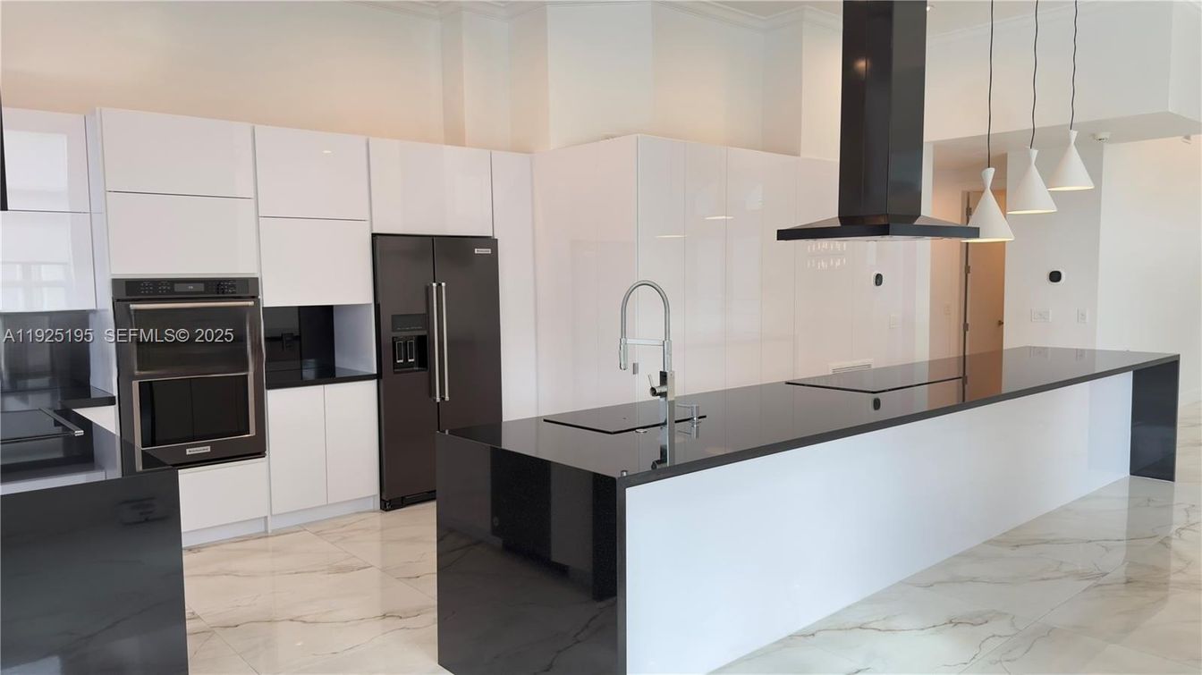 Interior, Kitchen, Marble, Pendant Lights, Stainless Steel Appliances