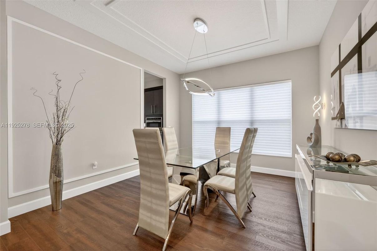 Dining room, Interior, Pendant Lights, Wood Texture Flooring