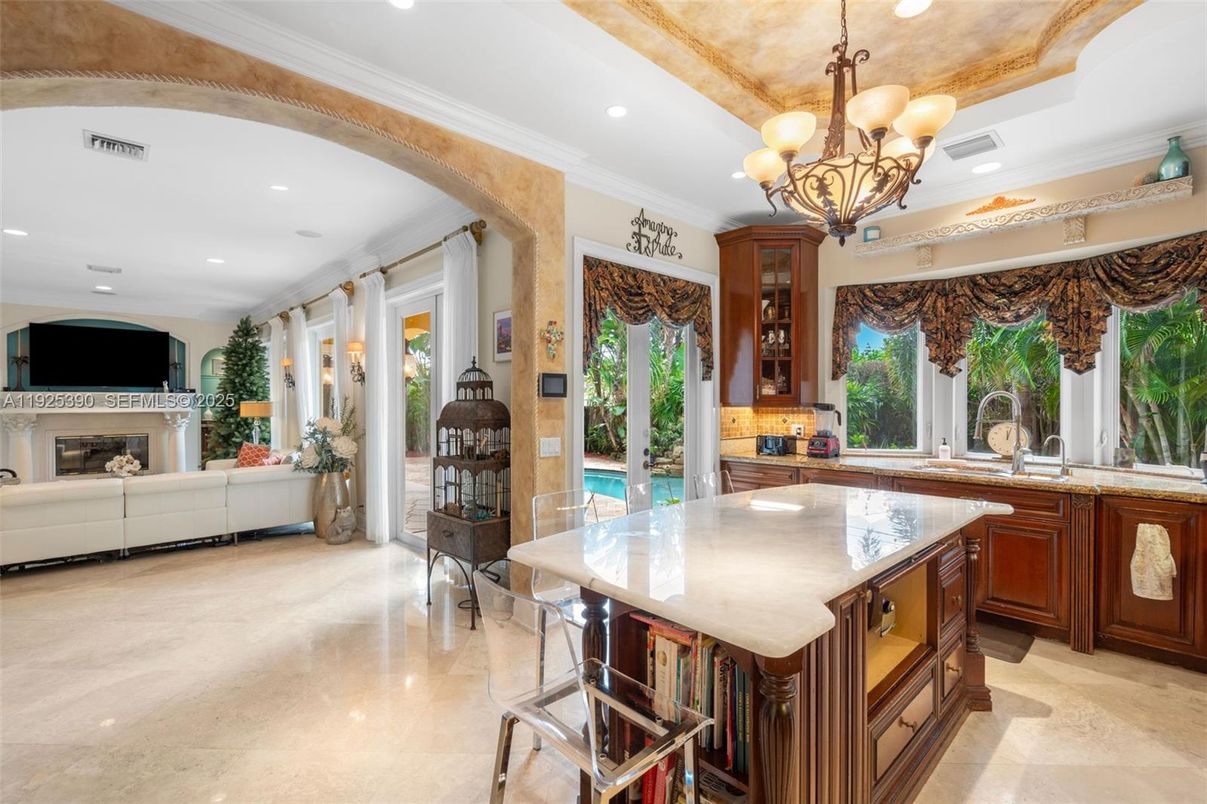 Chandelier, Fireplace, Interior, Kitchen, Living room, Recessed Lighting