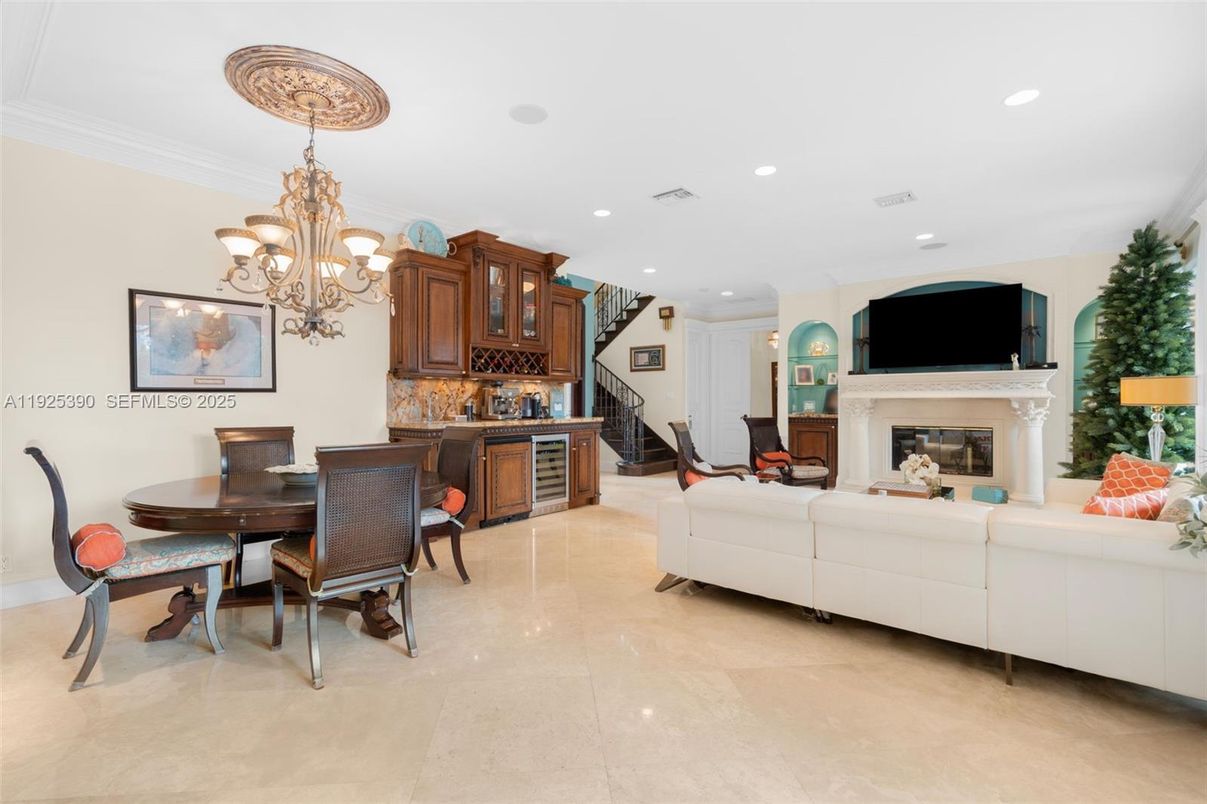 Chandelier, Dining room, Fireplace, Interior, Kitchen, Living room, Recessed Lighting