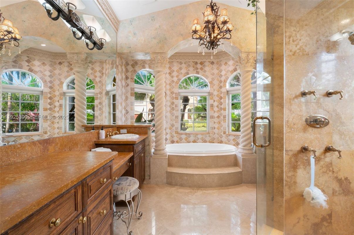 Bathroom, Chandelier, Interior, Recessed Lighting, Stone Walls
