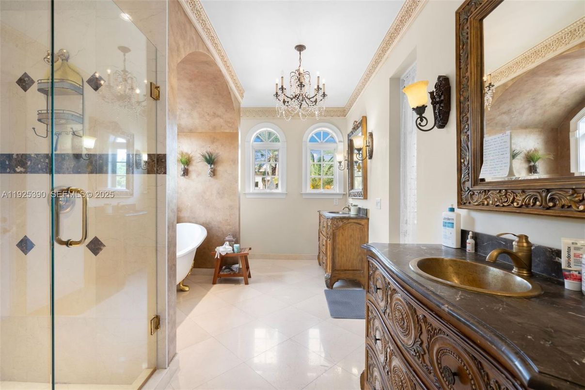 Bathroom, Chandelier, Glass Shower, Interior
