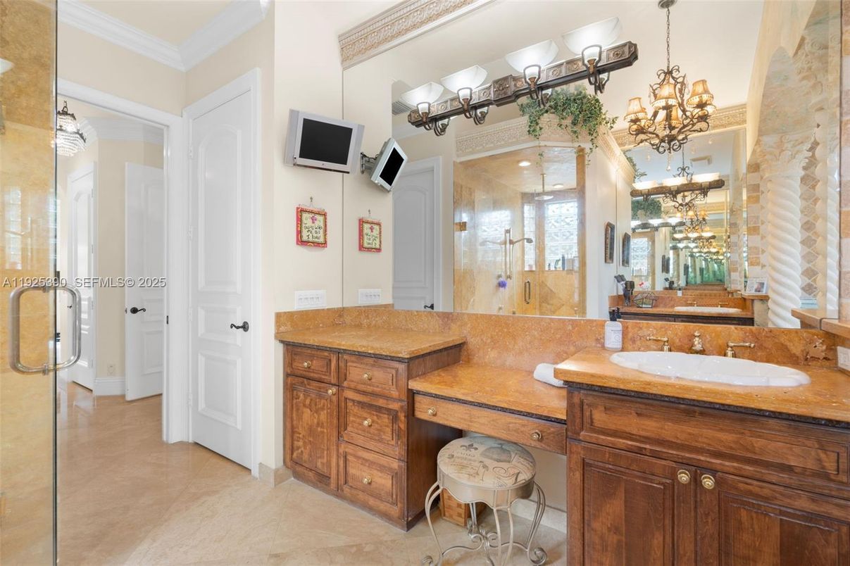 Bathroom, Chandelier, Glass Shower, Interior