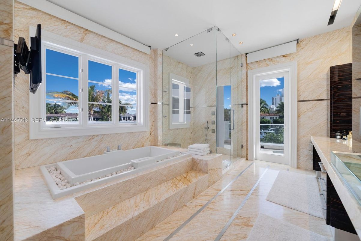 Bathroom, Glass Shower, Interior, Marble Walls, Recessed Lighting