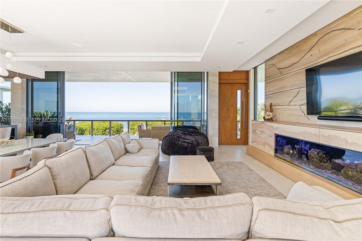 Fireplace, Interior, Living room, Pendant Lights, Recessed Lighting, Water, Wooden Walls