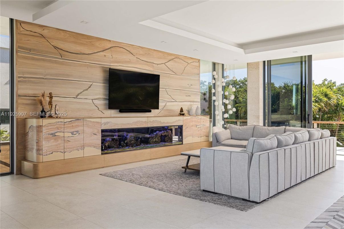 Fireplace, Interior, Living room, Marble Walls, Recessed Lighting, Wooden Walls