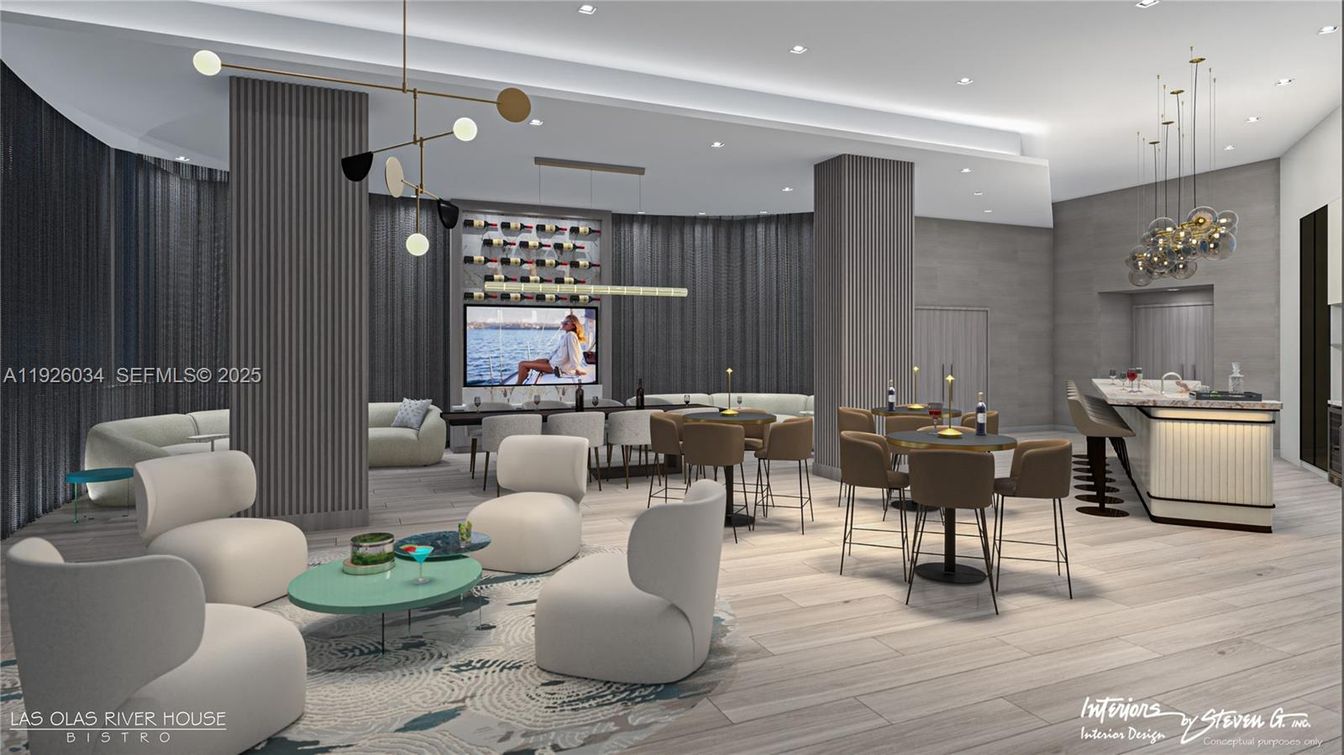 Dining room, Interior, Living room, Pendant Lights, Recessed Lighting, Wood Texture Flooring