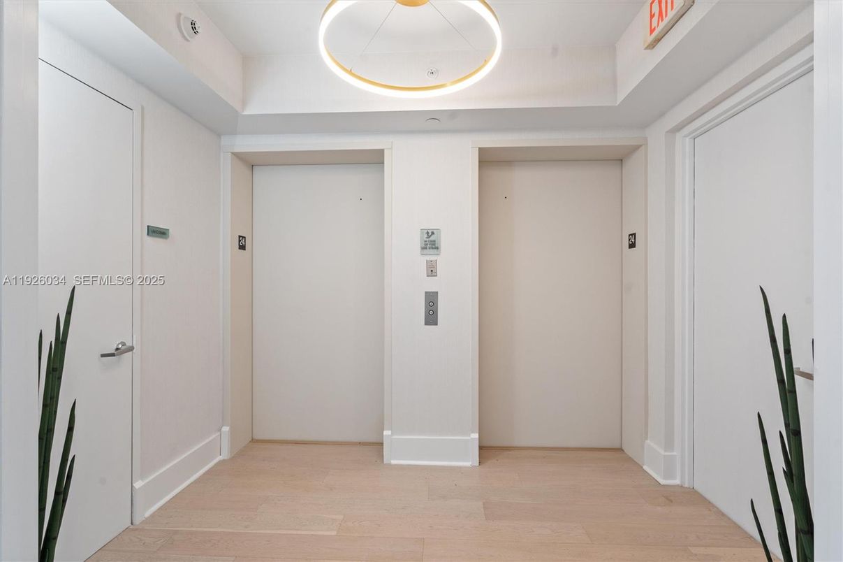 Elevator, Interior, Pendant Lights, Recessed Lighting, Wood Texture Flooring