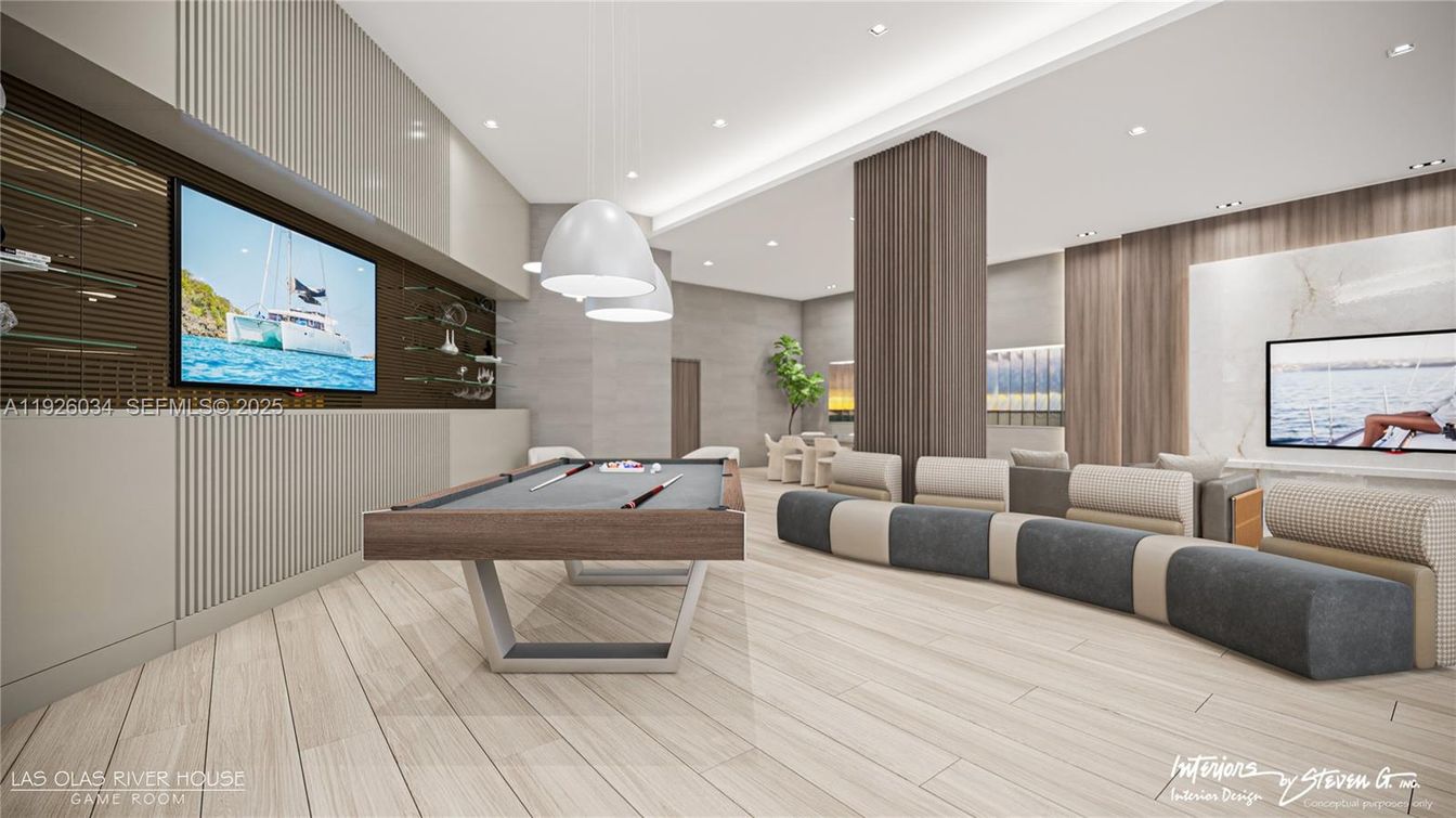 Billiard Table, Game Room, Interior, Pendant Lights, Recessed Lighting, Wood Texture Flooring