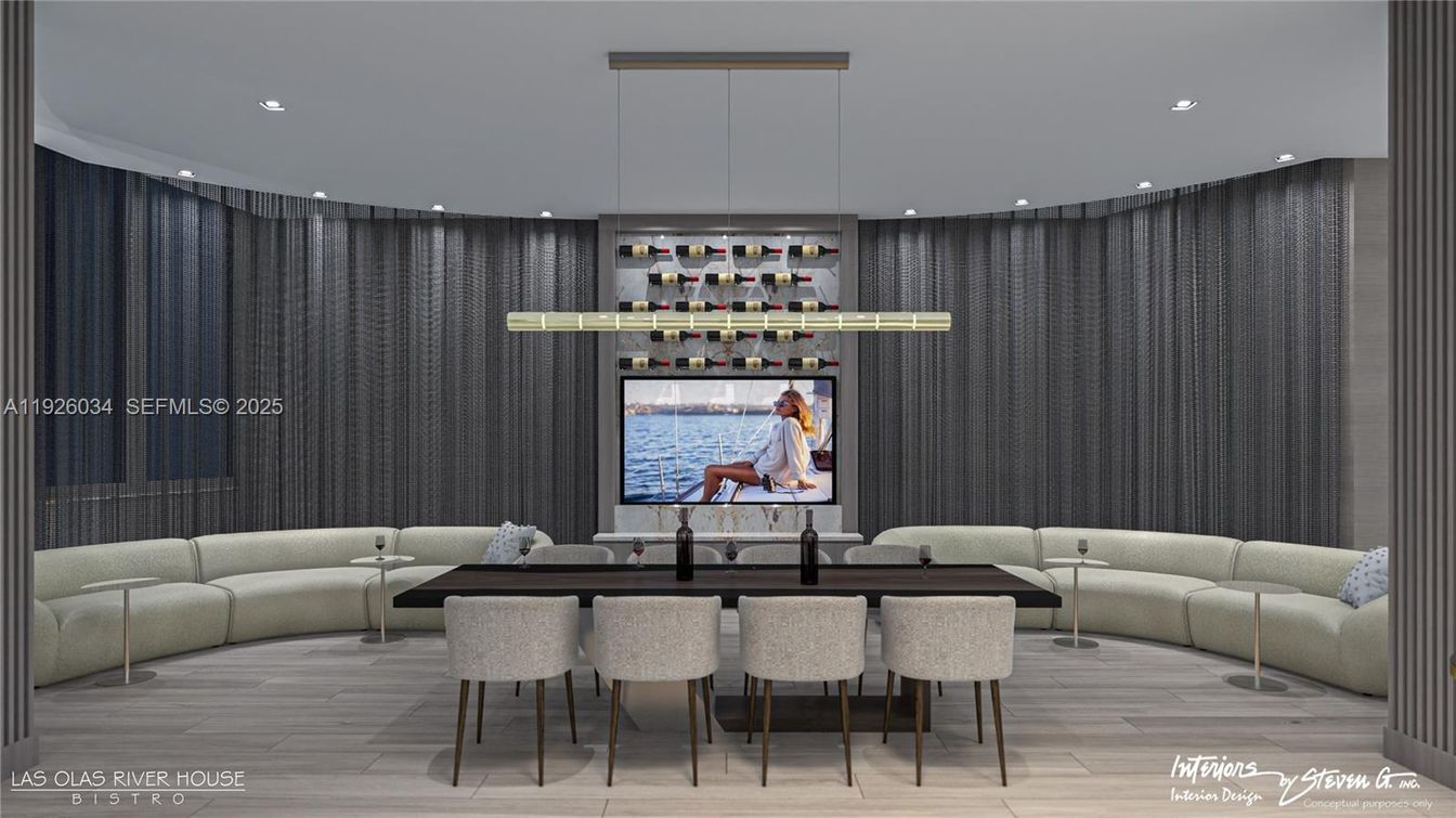 Dining room, Interior, Living room, Pendant Lights, Recessed Lighting, Wood Texture Flooring