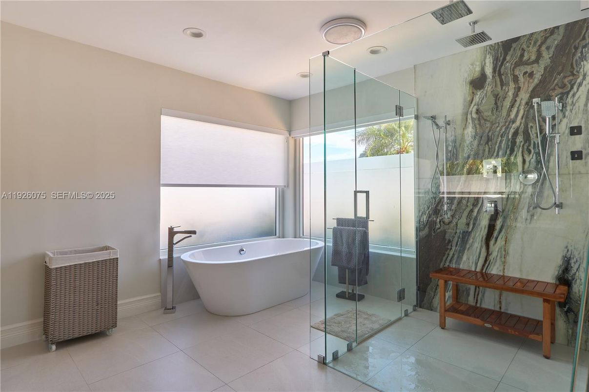 Bathroom, Free Standing Baths, Glass Shower, Interior, Marble Walls, Recessed Lighting