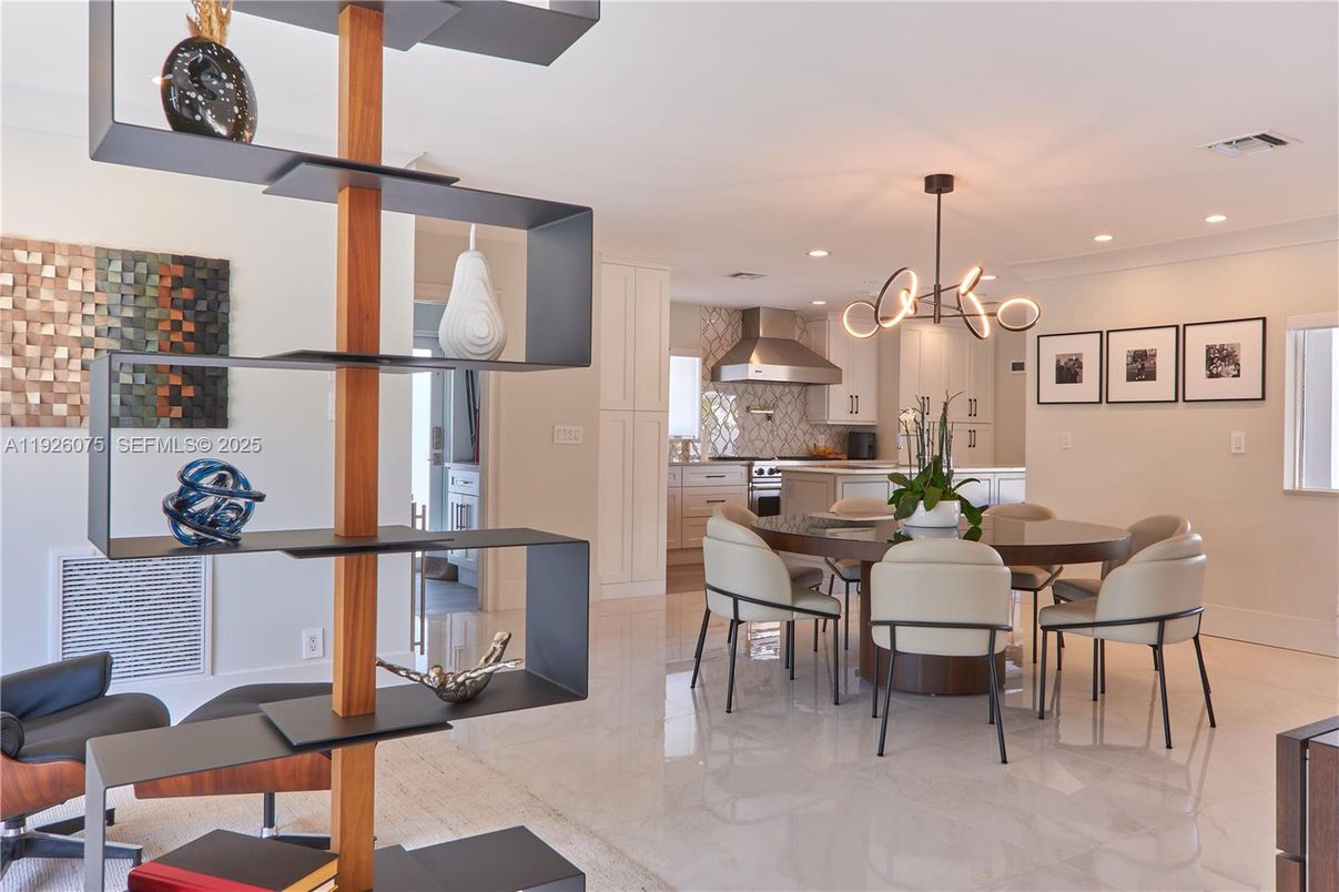 Dining room, Interior, Kitchen, Marble, Pendant Lights, Recessed Lighting, Stainless Steel Appliances
