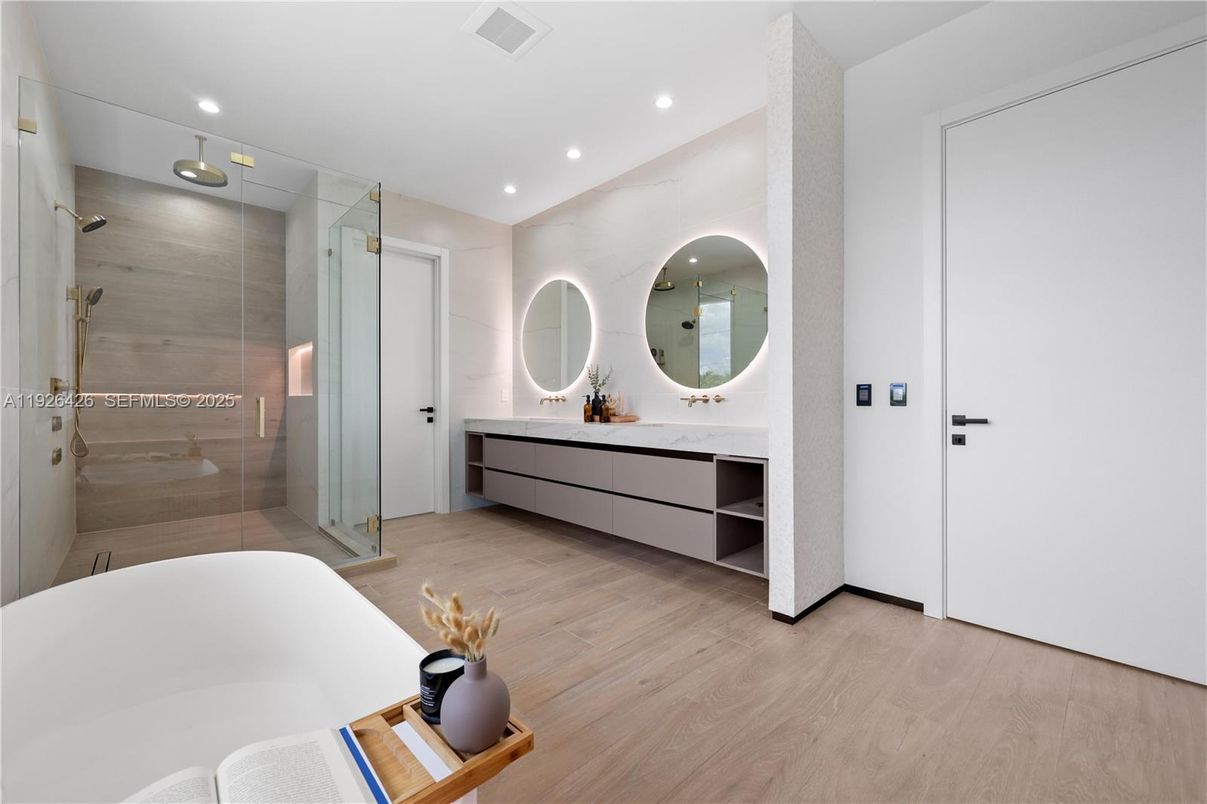 Bathroom, Glass Shower, Interior, Recessed Lighting, Wood Texture Flooring