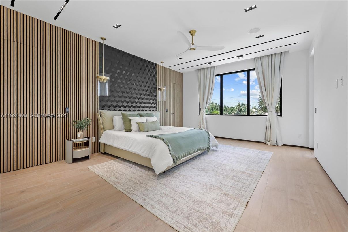 Bedroom, Interior, Pendant Lights, Recessed Lighting, Wood Texture Flooring