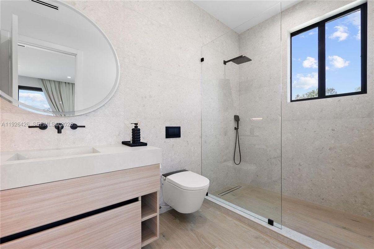 Bathroom, Glass Shower, Interior, Wood Texture Flooring