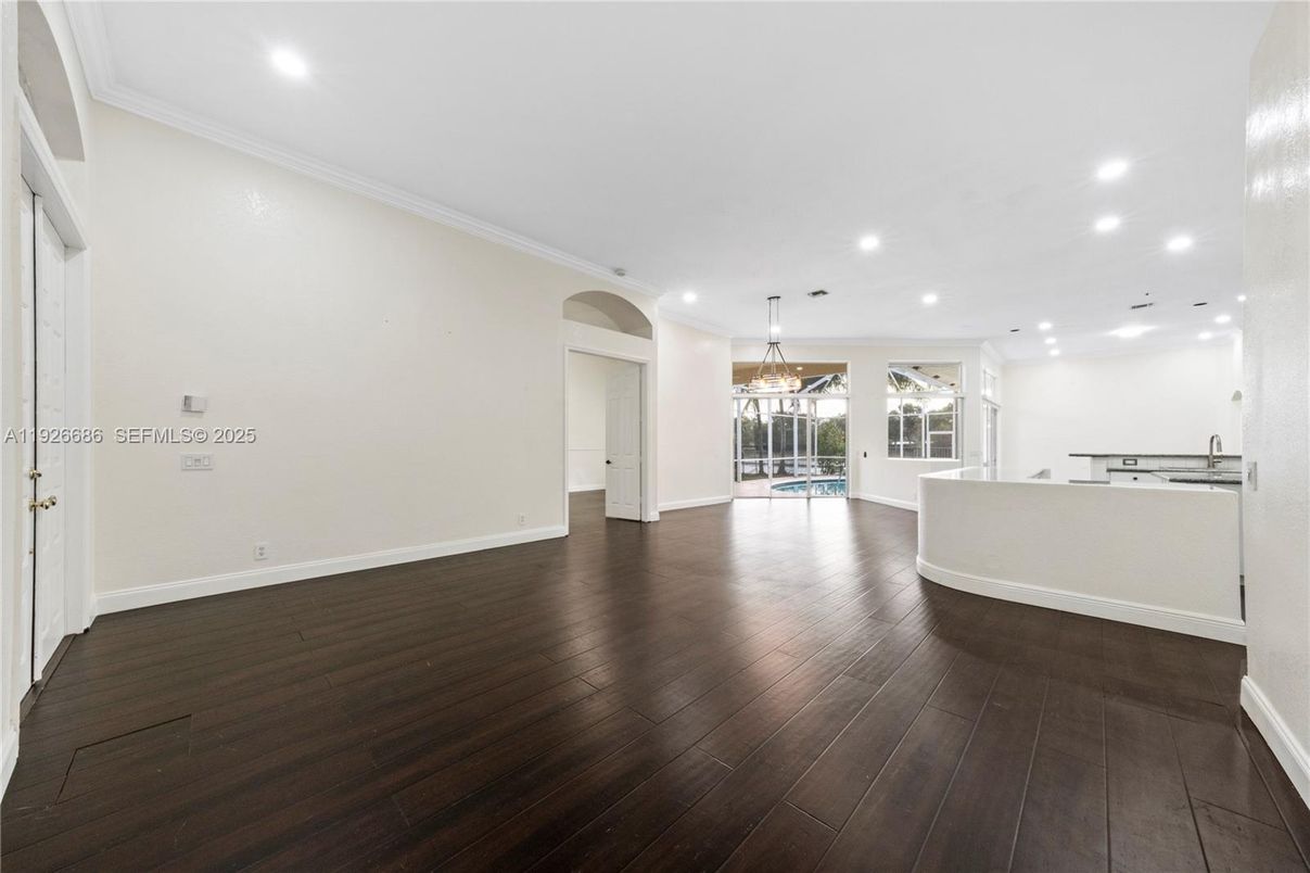 Empty room, Interior, Pendant Lights, Recessed Lighting, Wood Texture Flooring