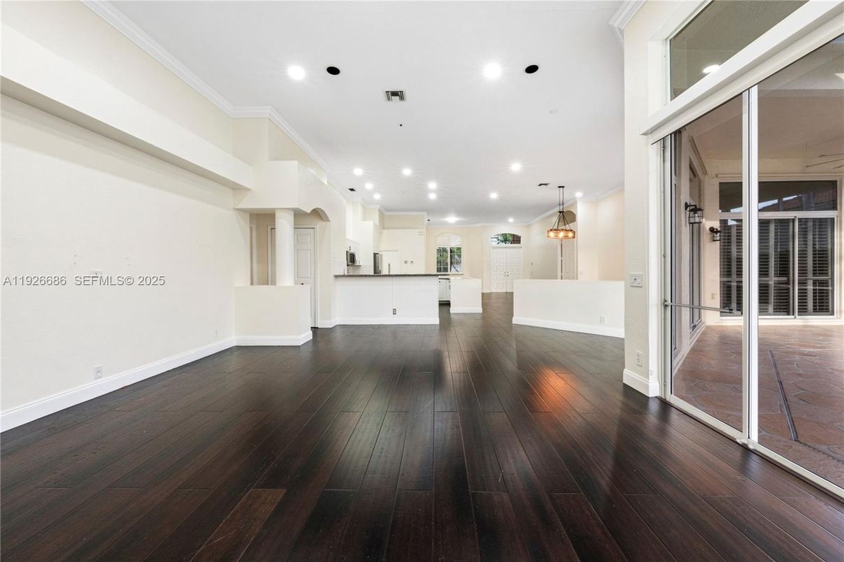 Empty room, Interior, Kitchen, Pendant Lights, Recessed Lighting, Wood Texture Flooring