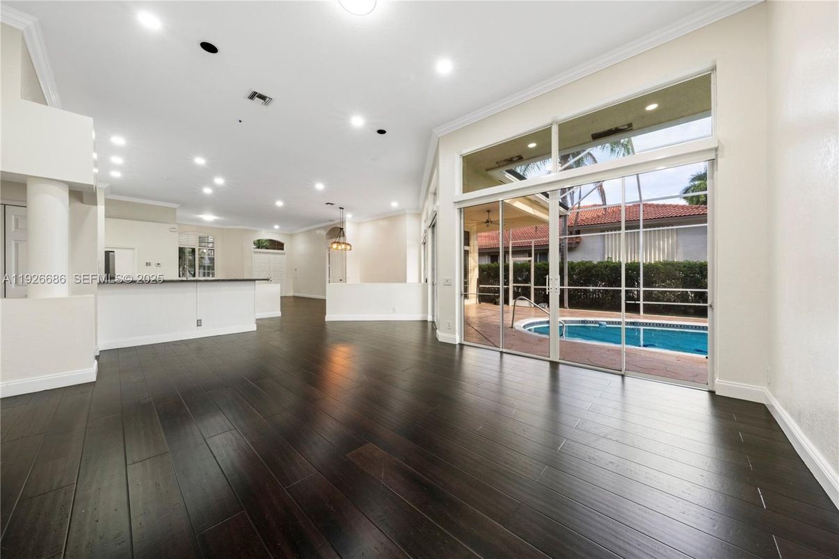 Empty room, Interior, Pendant Lights, Recessed Lighting, Wood Texture Flooring