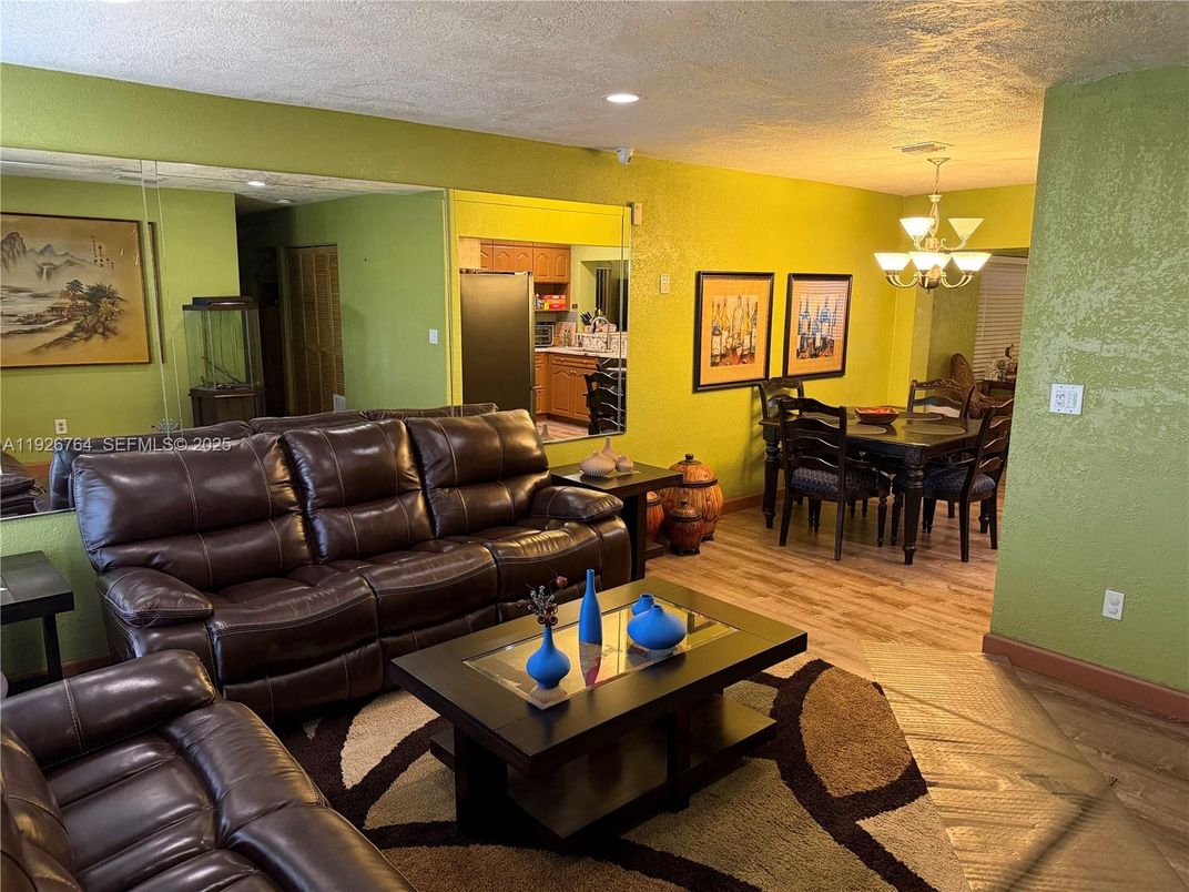 Chandelier, Dining room, Interior, Kitchen, Living room, Recessed Lighting, Wood Texture Flooring