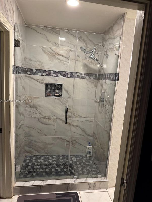 Bathroom, Glass Shower, Interior, Marble Walls, Recessed Lighting
