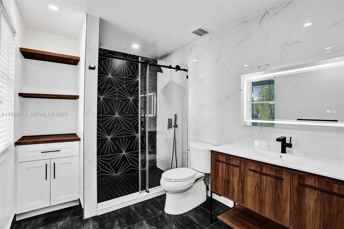 Bathroom, Glass Shower, Interior, Marble Walls, Recessed Lighting