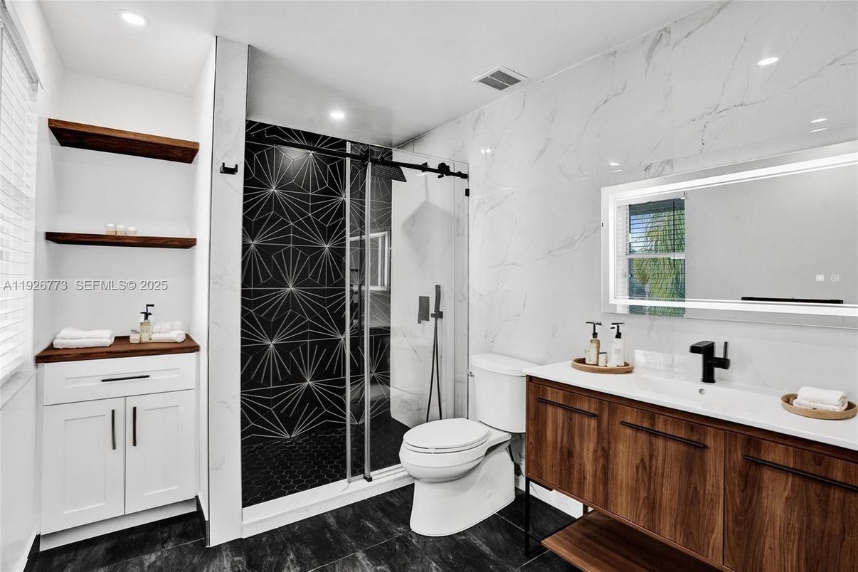 Bathroom, Glass Shower, Interior, Marble Walls, Recessed Lighting