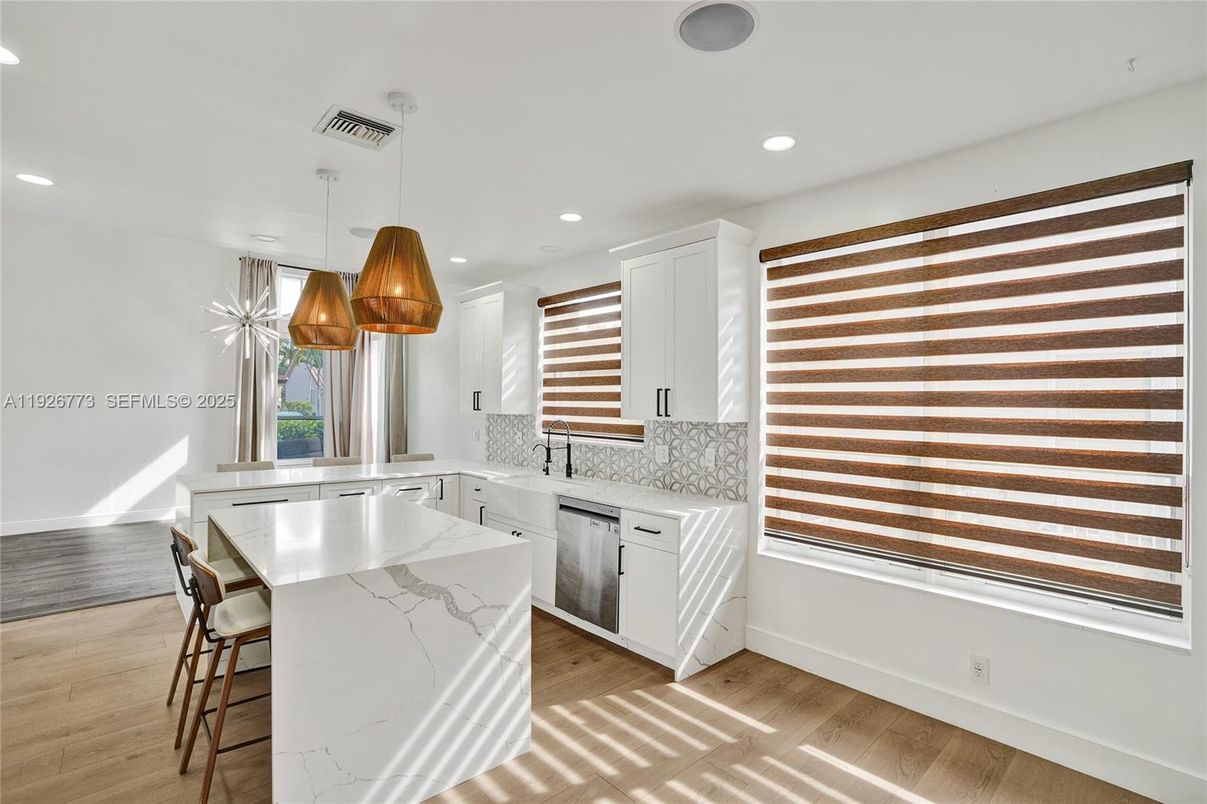 Interior, Kitchen, Pendant Lights, Recessed Lighting, Wood Texture Flooring