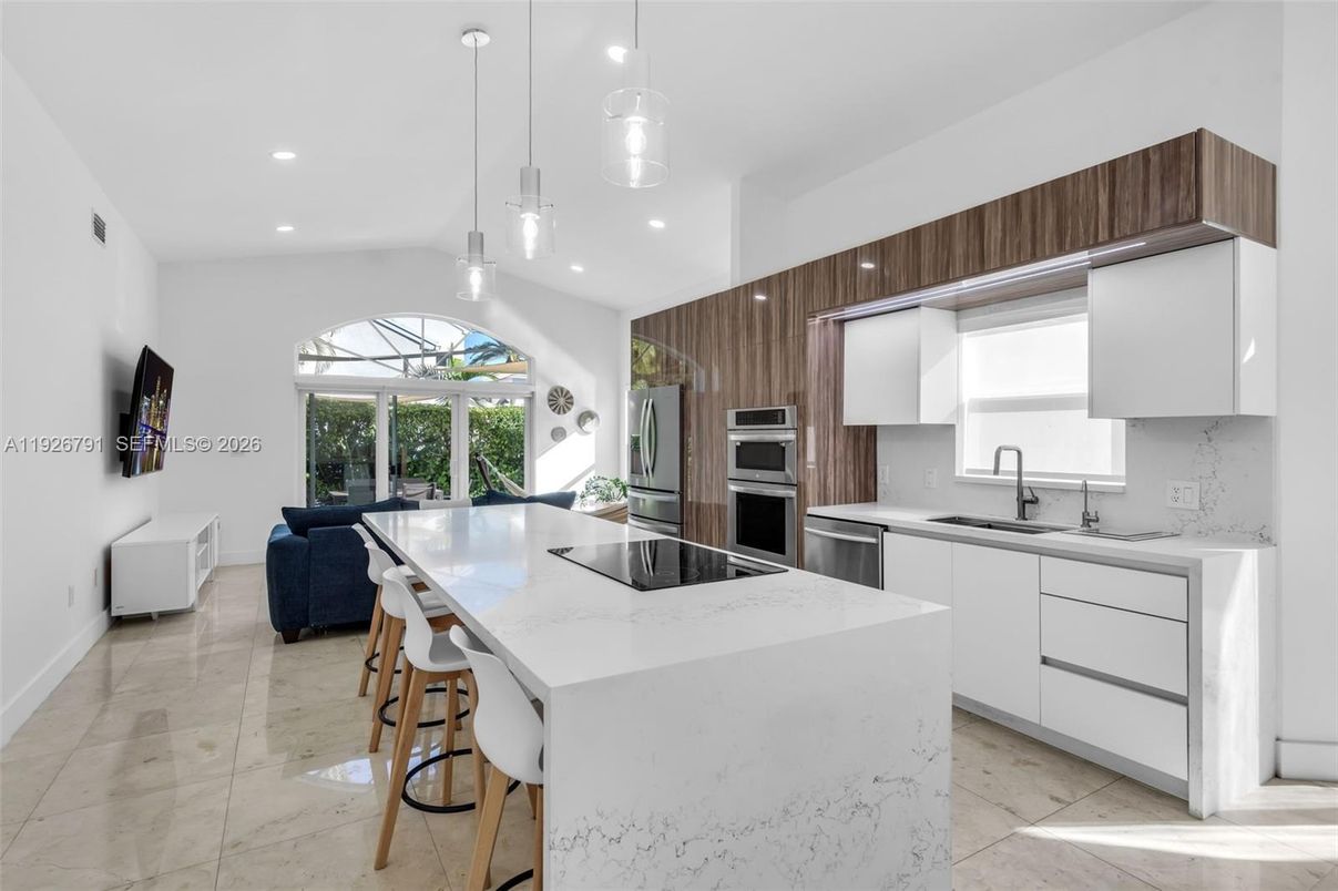 Interior, Kitchen, Marble, Pendant Lights, Recessed Lighting, Stainless Steel Appliances