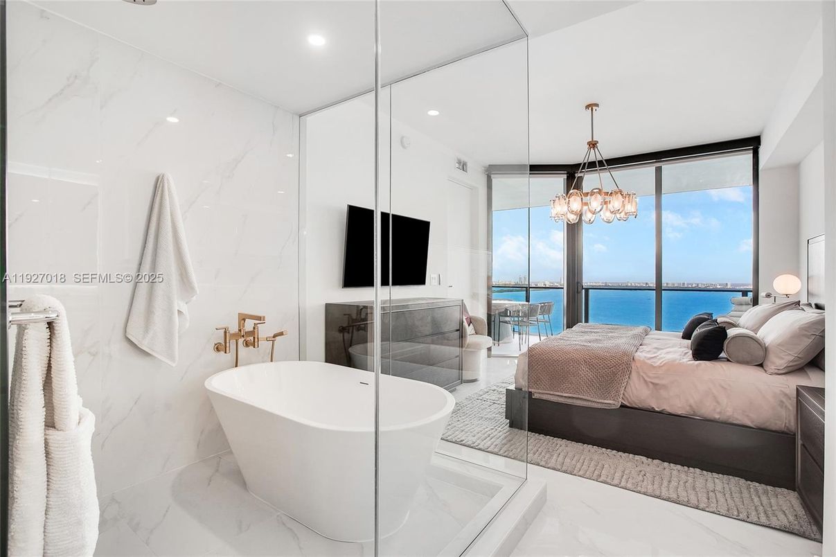 Bathroom, Bedroom, Chandelier, Free Standing Baths, Glass Shower, Interior, Marble, Marble Walls, Recessed Lighting, Water