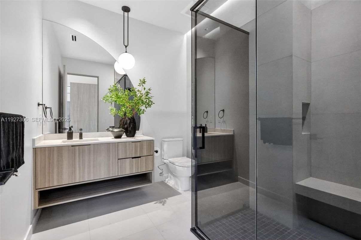 Bathroom, Dual Sink Vanities, Glass Shower, Interior, Pendant Lights