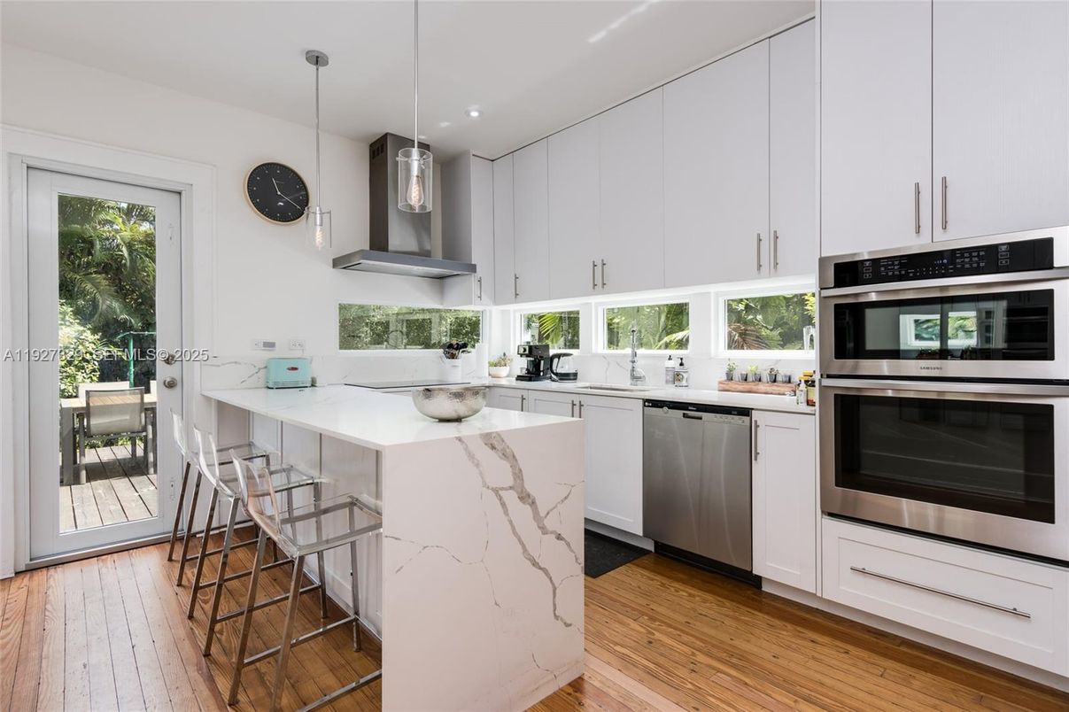 Interior, Kitchen, Pendant Lights, Recessed Lighting, Stainless Steel Appliances, Wood Texture Flooring