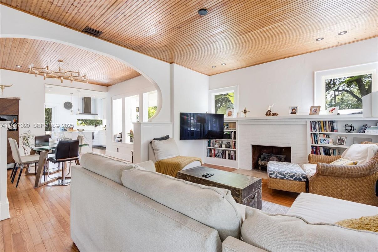 Dining room, Fireplace, Interior, Living room, Recessed Lighting, Wooden Ceilings, Wood Texture Flooring