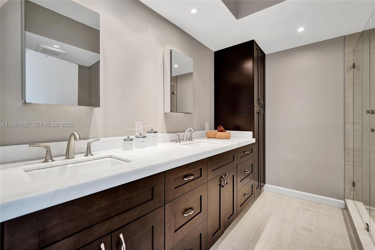 Bathroom, Dual Sink Vanities, Glass Shower, Interior, Recessed Lighting