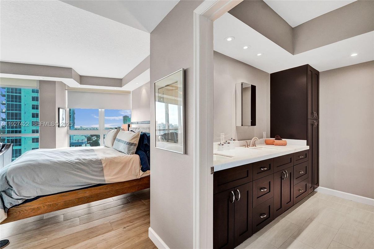 Bathroom, Bedroom, Dual Sink Vanities, Interior, Recessed Lighting, Water, Wood Texture Flooring