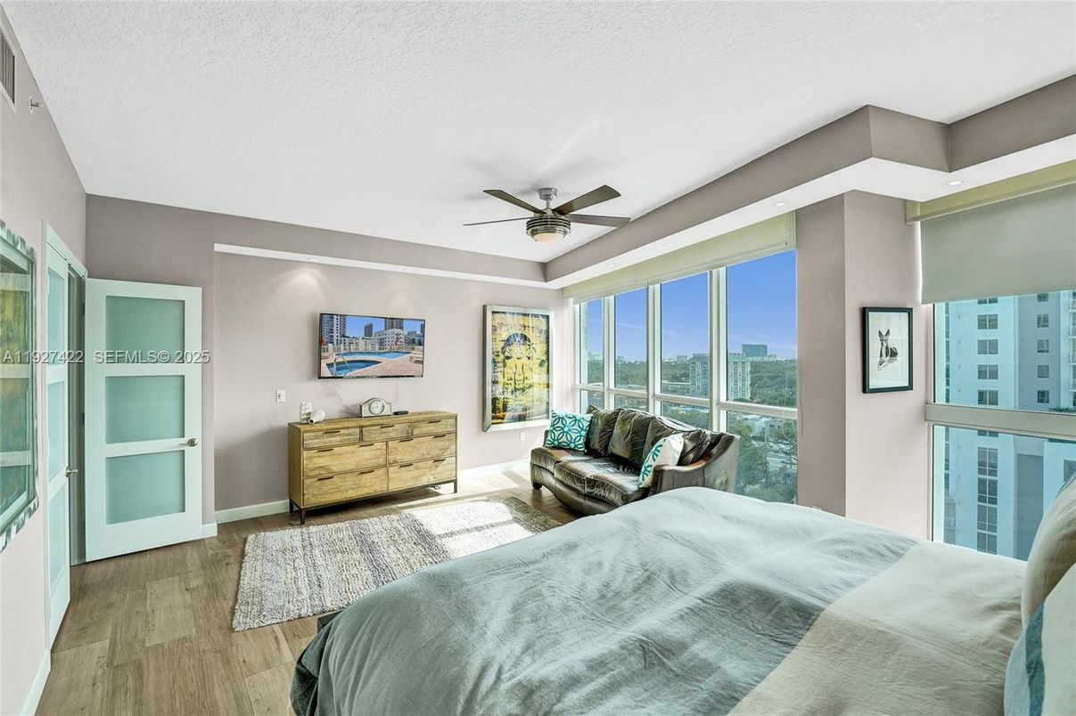 Bedroom, Interior, Recessed Lighting, Wood Texture Flooring