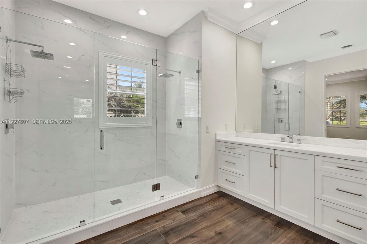 Bathroom, Glass Shower, Interior, Marble Walls, Recessed Lighting, Wood Texture Flooring