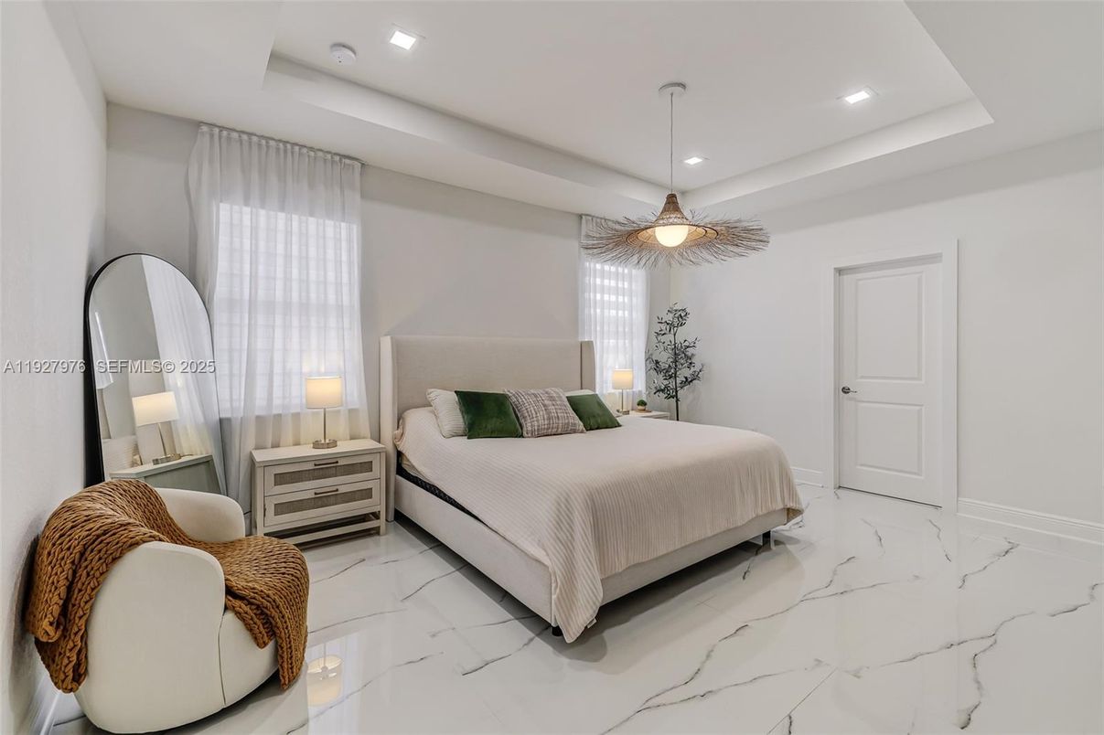 Bedroom, Interior, Marble, Pendant Lights, Recessed Lighting