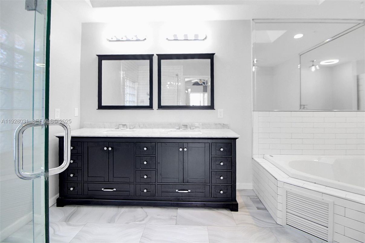 Bathroom, Dual Sink Vanities, Glass Shower, Interior, Marble, Recessed Lighting