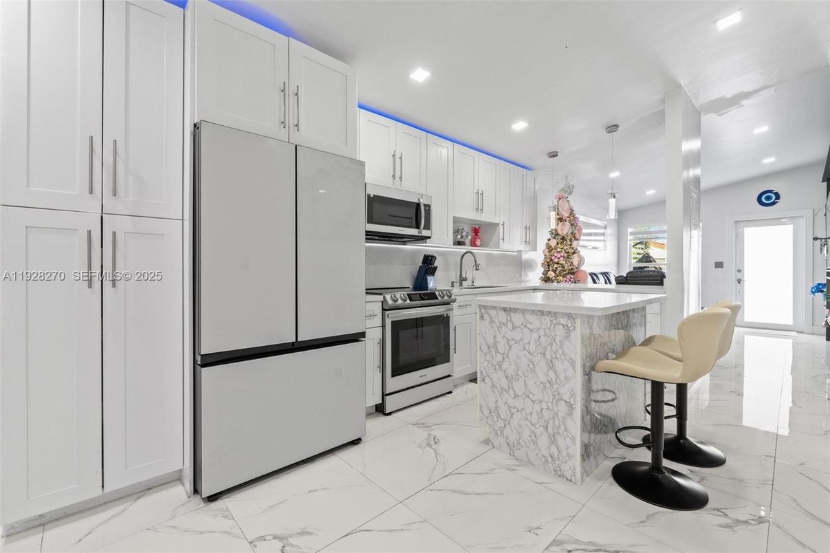 Interior, Kitchen, Marble, Pendant Lights, Recessed Lighting, Stainless Steel Appliances