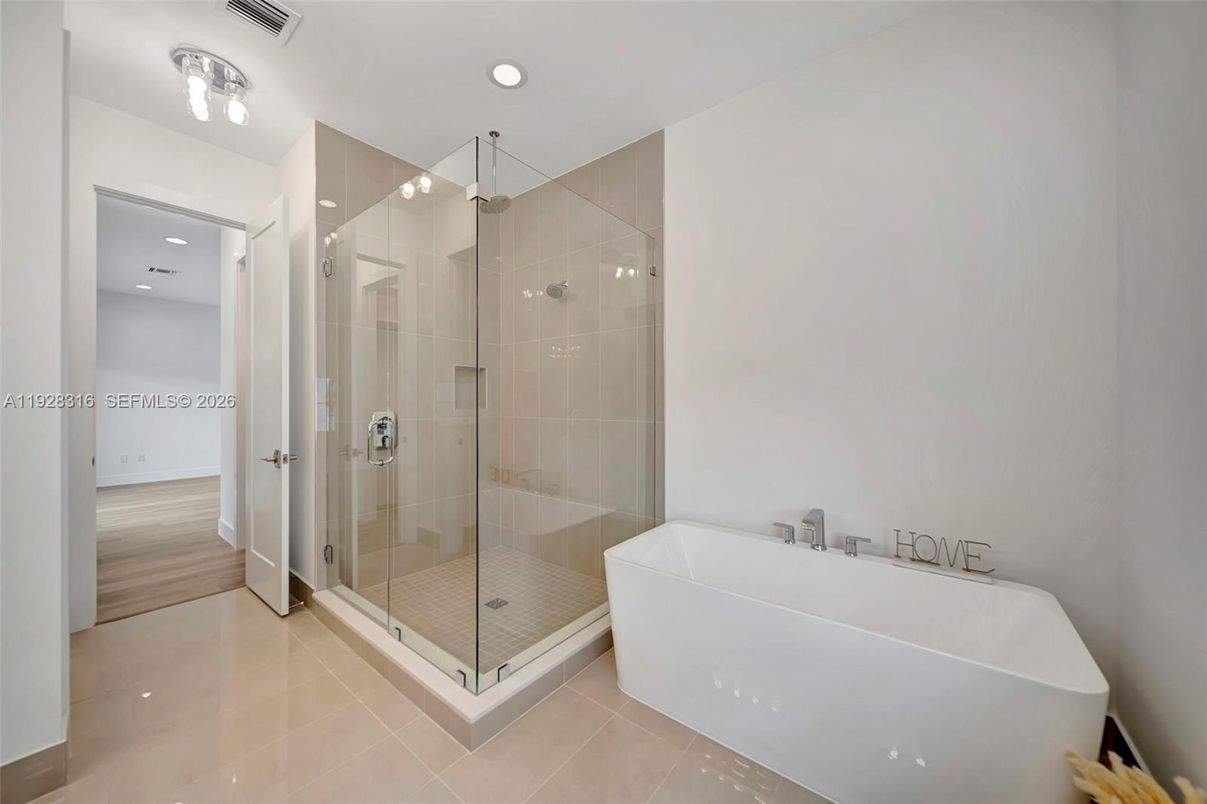 Bathroom, Free Standing Baths, Glass Shower, Interior, Recessed Lighting