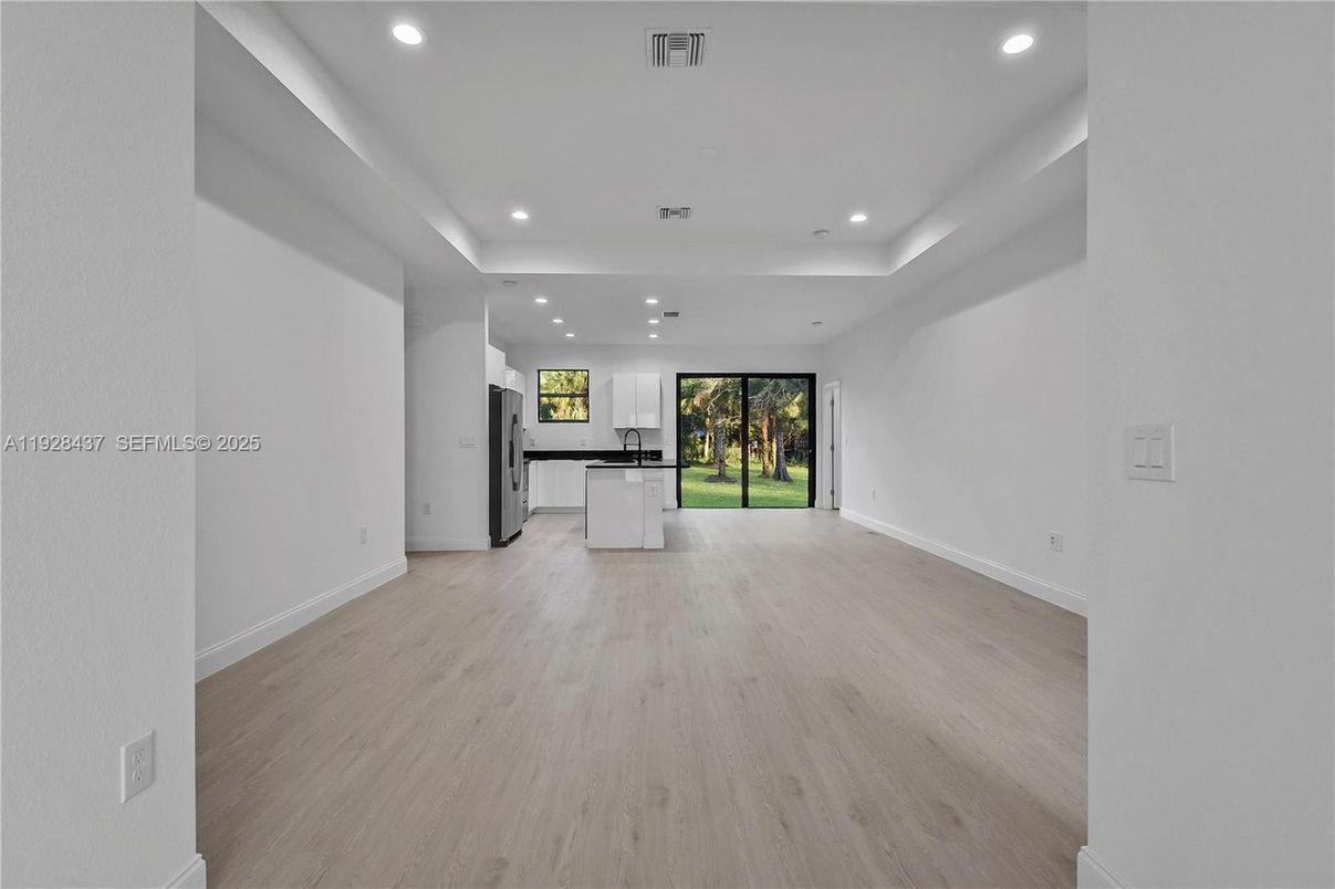 Empty room, Interior, Kitchen, Recessed Lighting, Wood Texture Flooring