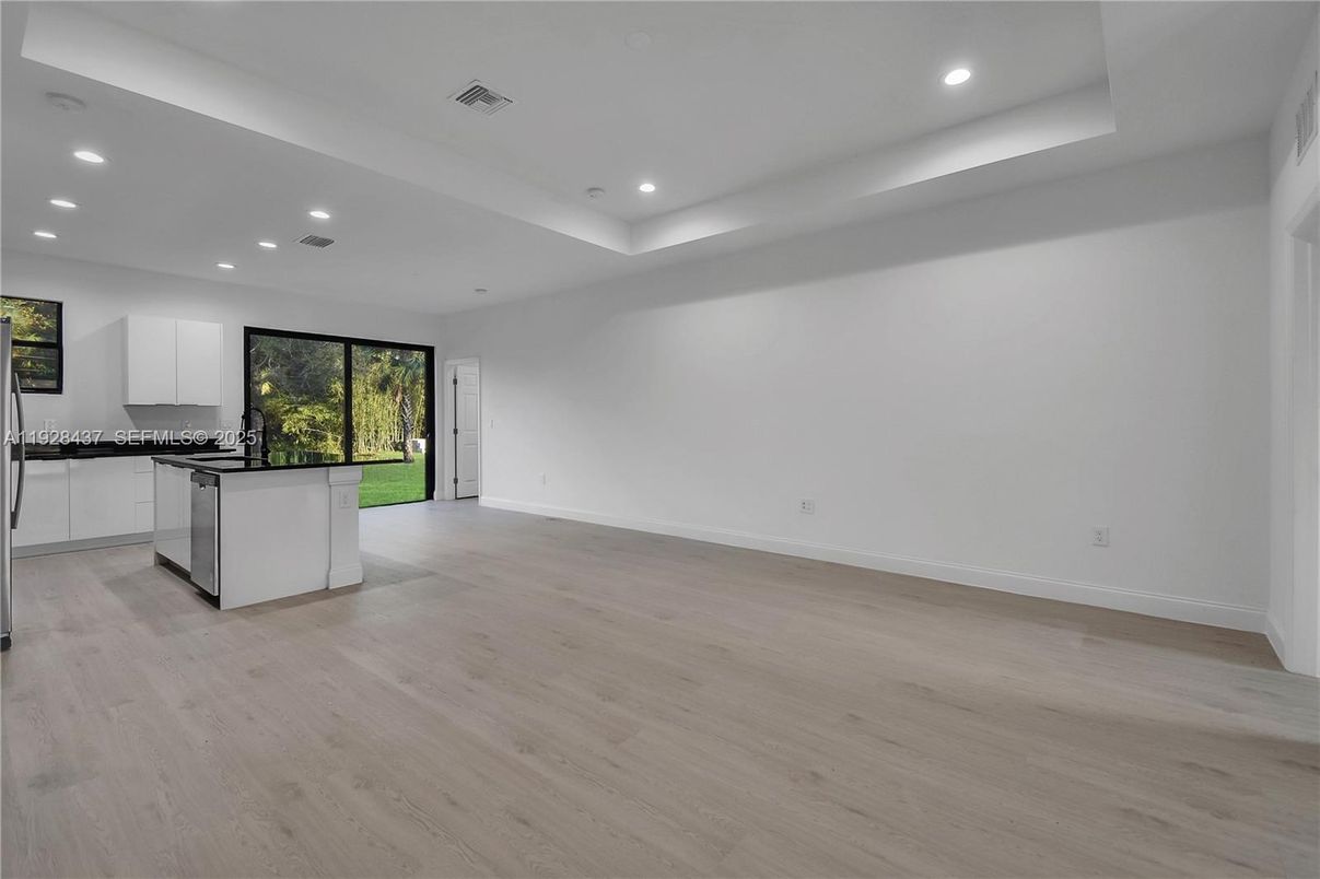 Empty room, Interior, Kitchen, Recessed Lighting, Wood Texture Flooring