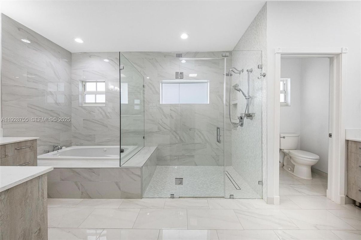 Bathroom, Glass Shower, Interior, Marble, Marble Walls, Recessed Lighting